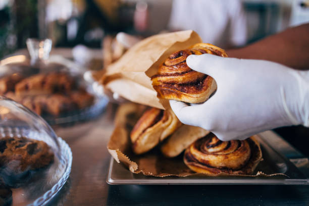 Fresh cinnamon rolls served in a bakery setting