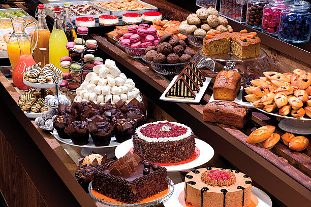 Patisserie showcase with pastries and cookies
